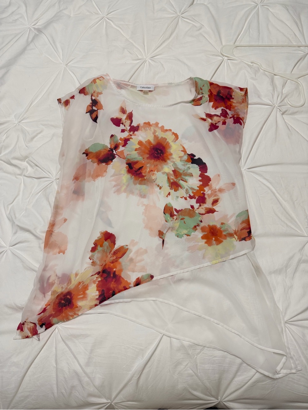 Calvin Klein White Floral Short Sleeve Blouse with Coral and Mint Accents